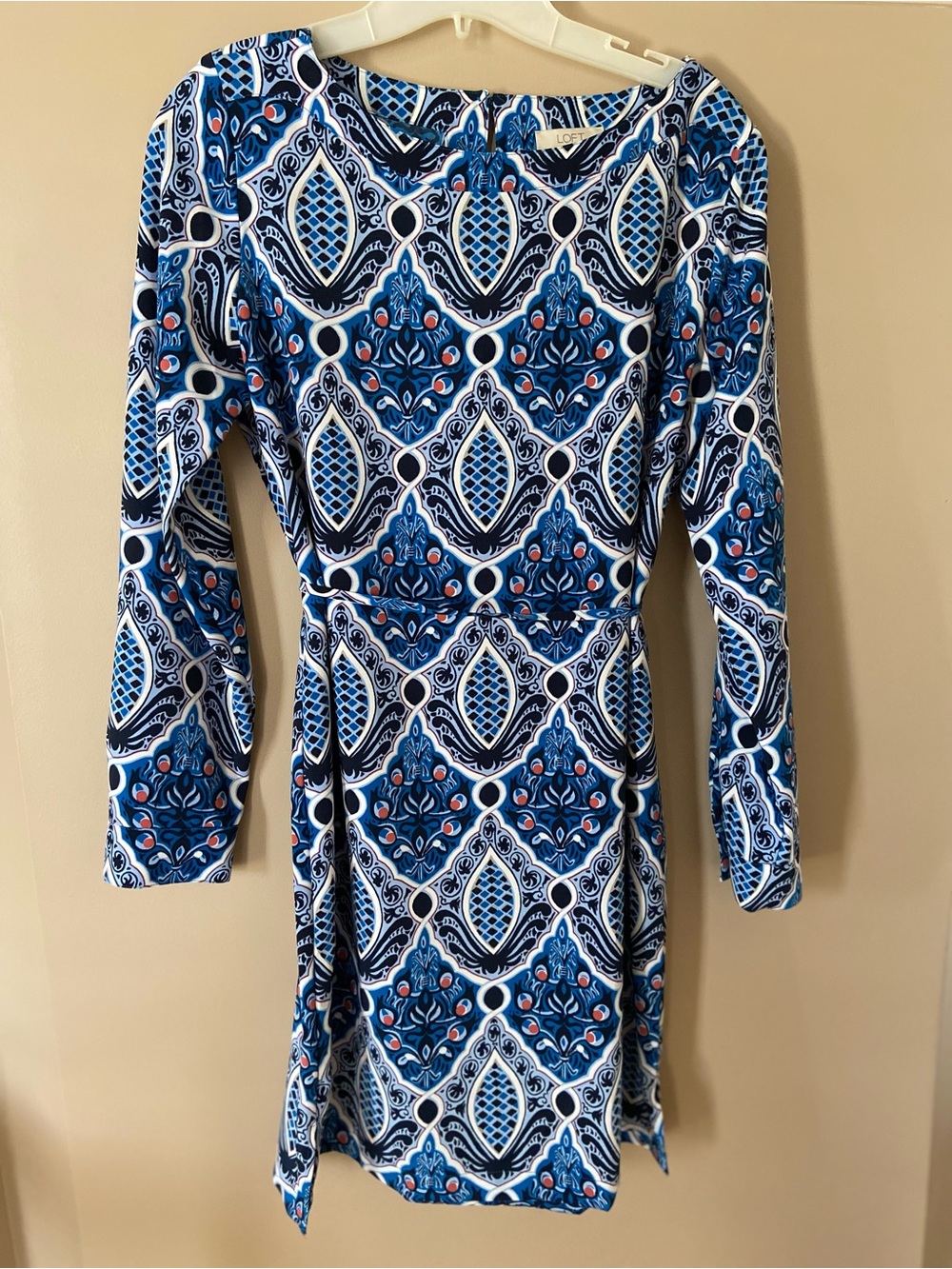 LOFT Navy and White Patterned Long-Sleeve Dress